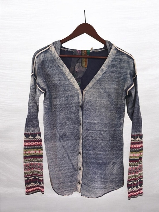 Aratta Sweaters - Aratta Silent Journey Washed Denim Cardigan with striped knit Sleeves NWOT